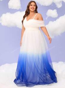 Plus Size Women Ombre V-Neck Formal Maxi Dress, Cocktail Party Prom Gowns, Backyard Wedding Dresses, Single Shoulder