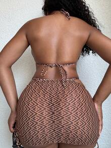 Alexandranx Bộ đồ đi biển mùa hè 3 món Springbreak dành cho nữ: Bikini hở lưng hình tam giác in họa tiết hình học và váy đi biển, lễ hội Boho - Cà phê nâu - Xem 9