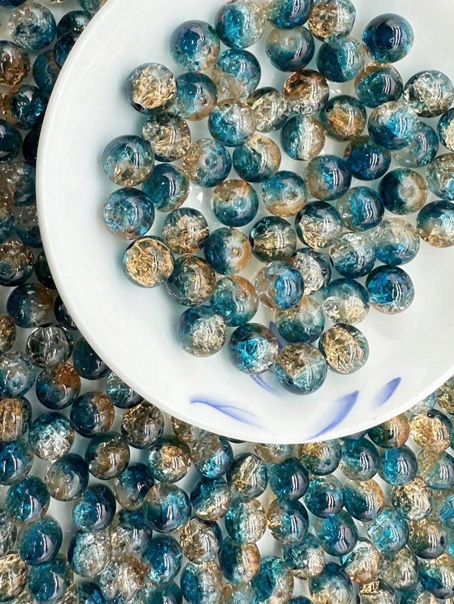 50 件 8 毫米水晶玻璃珠北极光黄蓝珠裂纹圆珠 DIY 手工珠宝手链项链耳环制造