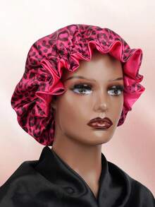 1pc Leopard Print Satin Patchwork Sleeping Cap, Suitable For Curly And Straight Hair - Multicolor - View 7