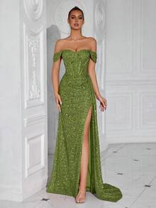 ADYCE Đầm dạ hội dài bằng satin lấp lánh cổ hình trái tim, eo xếp ly, thắt nơ phía trước, xẻ tà sau, đính sequin, thích hợp cho tiệc Giáng sinh. - màu xanh lá - Xem 3