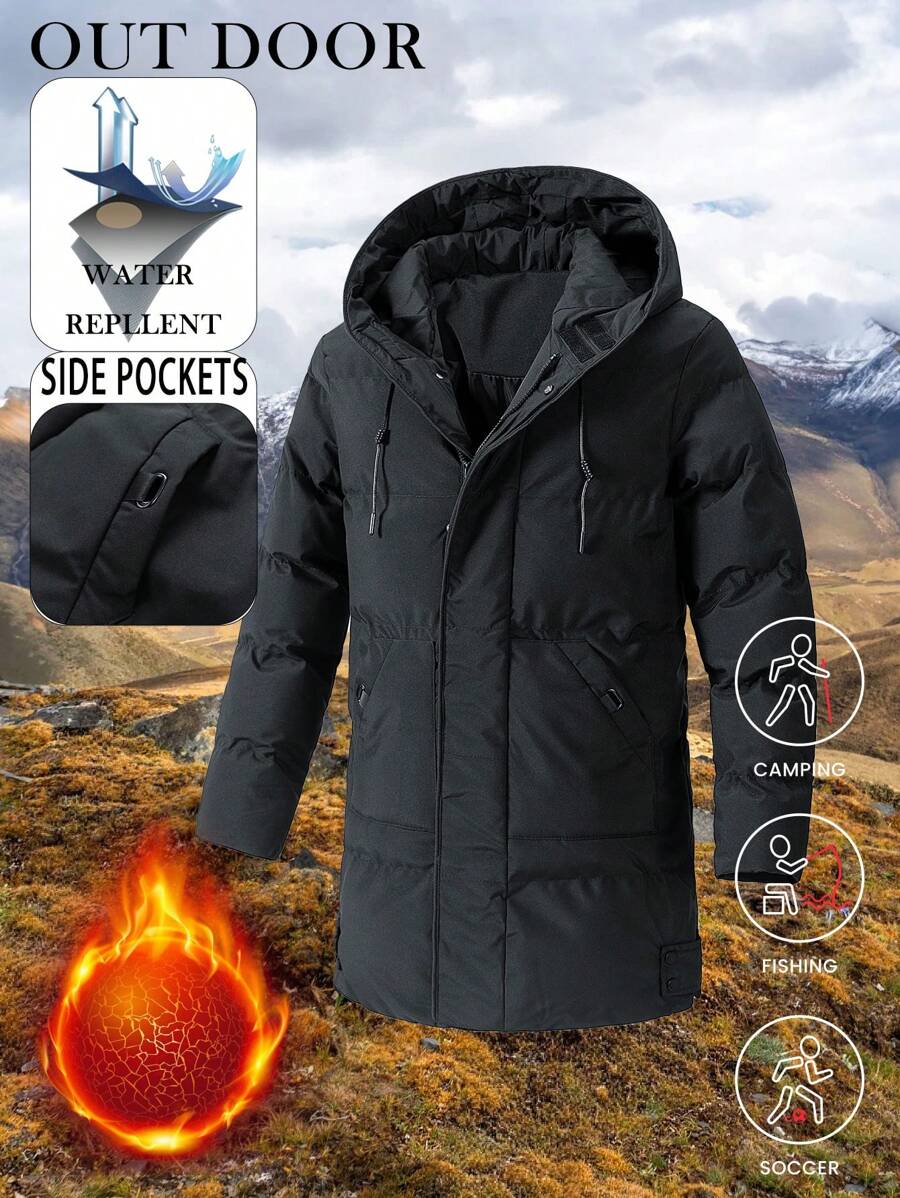 Women's Winter Mid-Length Thick Warm Hooded Jacket, Loose Fit Thickened Outdoor Windbreaker - Black - View 1