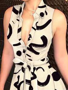 Vestido sin mangas con estampado abstracto y botones delanteros, vestido casual con cintura ceñida y cuello vuelto, Vestido elegante de camisa con estampado y cintura, Vestido con bloques de color de moda para mujer - Multicolor - Ver 2