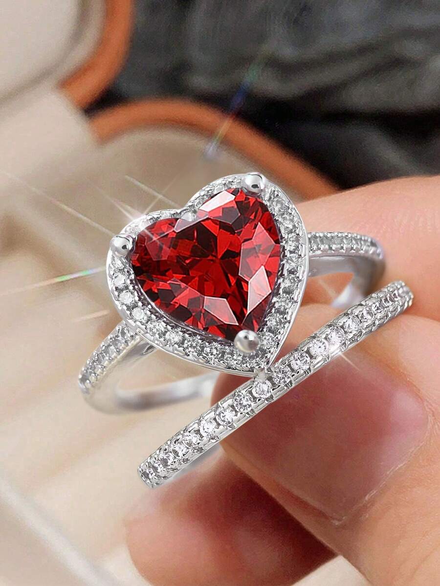 1 套 925 纯银双心锆石戒指适合女性搭配日常服装派对配饰女士高品质戒指精美珠宝礼物