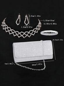 4 Peças Conjunto de Acessórios Femininos Versáteis e Elegantes, Bolsa Clutch, Bolsa de Ombro com Corrente, Colar Rendado com Strass, Brincos e Pulseira, Conjunto de Joias para Festas