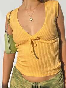 Cutenova Women Spring/Summer New Solid Color Crew Neck Sleeveless Vertical Striped Textured Tight Fit Tank Top - Yellow - View 2
