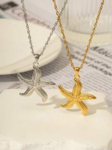 1 conjunto de 3 peças de colar e brincos da moda, corrente de aço inoxidável com pingente de estrela do mar, adequado para presente de joia diário feminino