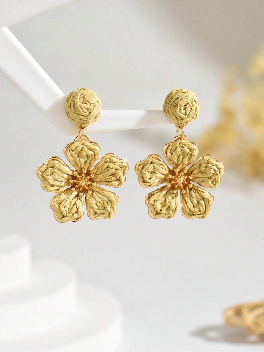1 Pair Handmade Woven Rattan Colorful Floral Boho Style Earrings, Unique Design Minimalist High-End Floral Tassel Earrings Suitable For Women's Daily, Vacation, Party Wear (Handmade With Minor Imperfections) - Khaki - View 1