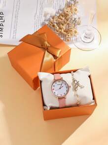 Set de 2 piezas: Reloj de cuarzo con esfera redonda y números árabes minimalista + pulsera con forma de mariposa, adecuado para regalo de cumpleaños, uso diario, etc. (sin caja)