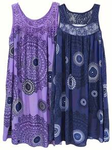 2 Women's Plus Size Pajamas-Geometric Pattern And Leaf Print Contrast Lace Decorative Dress, Medium Elastic Round Neck Four Seasons Comfortable Nightgown, Machine Washable, Soft And Breathable Material.