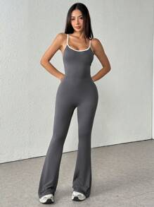 1pc Sleeveless Solid Color Thin Camisole Jumpsuit, Contrast Color Wide Leg Flare Design Casual Sexy Backless Romper