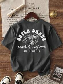 女士休闲字母印花圆领T恤，百搭实用。图案T恤，女士白色/黑色/粉色上衣，适合度假穿着。 - 深灰色 - 查看 2