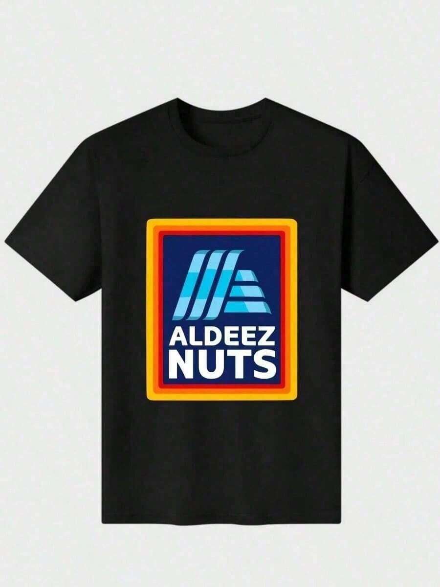 Camiseta de algodón 100% puro y pesada de 220g con estampado digital divertido de etiqueta de tienda de comestibles Aldi Aldeez Nuts - Negro - Ver 1