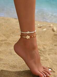 2pcs Summer Sexy Beach Glass Beads Anklet, Versatile Handmade Beaded Starfish & Turtle Anklet Set, Bohemian Style Jewelry