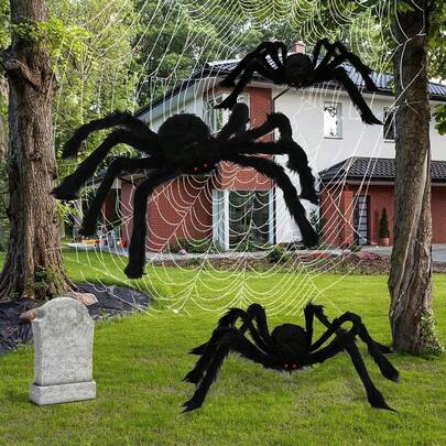 1 đồ trang trí Halloween hình nhện lông - Đạo cụ nhện khổng lồ đáng sợ cho sân hoặc trang trí tiệc - Nhện lông đen chân dài chân thực - Đồ trang trí Halloween trong nhà và ngoài trời