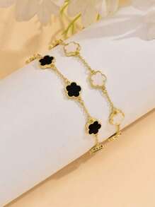 Set de 2 piezas Pulsera con cadena de flor de cinco pétalos bicolor, joyería de moda para primavera/verano, adecuada para uso diario, regalo para el Día de la Madre