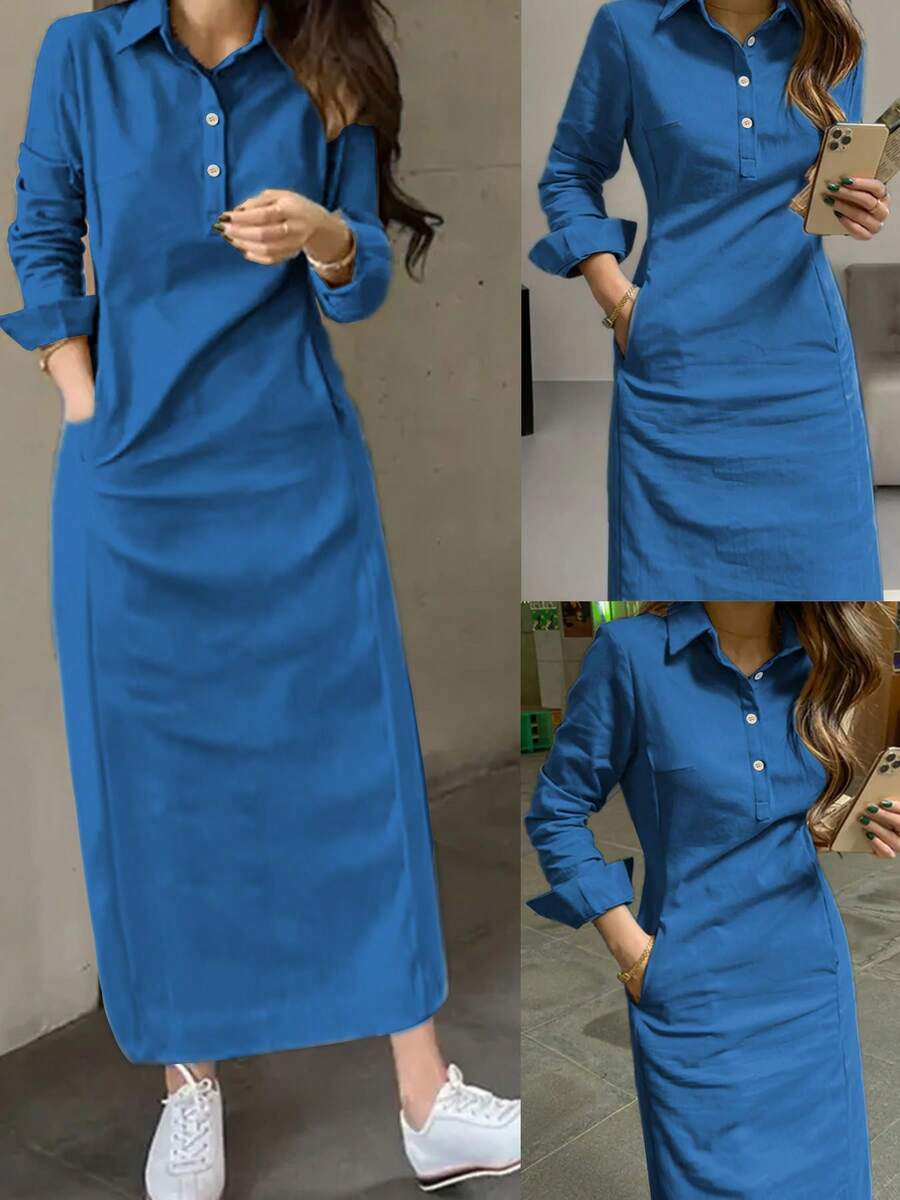 Gaun Gaya Arab Lengan Panjang Berkerah Kancing Depan Elegan Modis untuk Wanita, Koleksi Musim Semi/Gugur Terbaru
