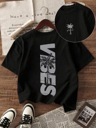 Plus Size Women's Casual Vacation Round Neck Short Sleeve T-Shirt With Palm Tree Slogan Print Women's Tops