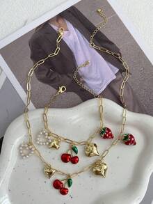 2 件 Y2K 创意时尚甜美优雅轻奢铜镶嵌合成锆石仿珍珠爱心爱心油滴樱桃草莓米椒字母 FE 字符吊坠手链项链首饰套装 Maas 红色女士姐妹情侣首饰礼物，适合送礼日常约会聚会宴会派对节日佩戴红色首饰可单独购买