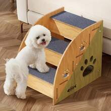 Solid Wood Pet Stairs, Pet Stairs, Dog Stairs, Four-Step Stairs, Pet Cat And Dog Stairs, Non-Slip Detachable Dog Bed Stairs, Wooden Cat Climbing Frame, Suitable For Beds/Sofas, Non-Slip, 2 To 4 Step Canine Stairs With Thickened Safety Rails And Ramp Design, 15 Inches High, Suitable For Small/Medium Dogs, Cats And Senior Pets (Sturdy Construction) - Apricot - View 3