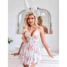 Women Lingerie Lace Babydoll Mesh Nightgown Chemise Boudoir Nighty Sleepwear - 粉紅色花卉 - 查看 4