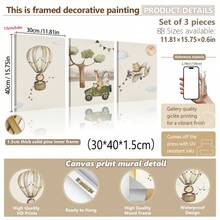 1件/3件/套婴儿房装饰画。动物历险记婴儿墙面艺术套装 - 水彩动物印花、热气球印花、猫咪飞机印花、月亮和云彩背景、柔软彩旗细节、婴儿房墙面装饰