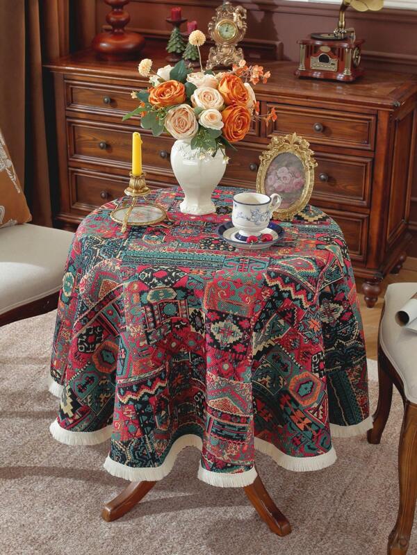 1pc Vintage Style Round Tablecloth With Dense Tassels, American Countryside Vibe, High-Quality, Suitable For Afternoon Tea Dessert Decoration, Picnic Parties, And Dining Tables