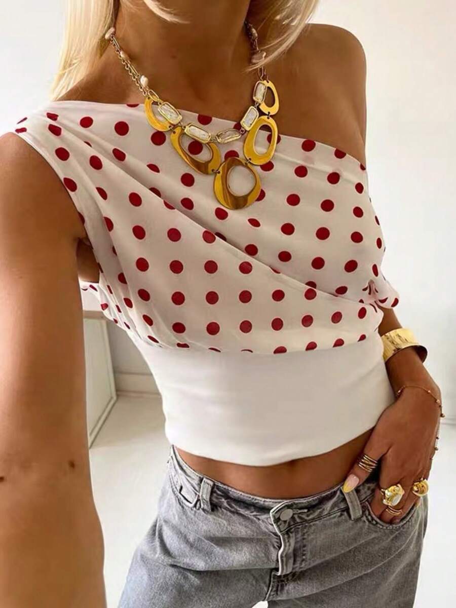 Polka Dot Print Tops For Womens Y2K One Shoulder Cropped Tank Tops Going Out Tops T Shirts Summer Streetwear Aesthetic Clothes - Đỏ - Xem 1