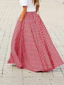 Women's Elegant Plaid Pattern Skirt, High Waist Wide Hem Flowy A-Line Skirt, Spring & Summer - Red - View 3