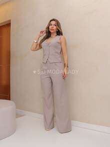 SJD MODA LADY Luis Twil Social Chic Set Vest With Fake Pocket And Pants - 灰色 - 查看 3