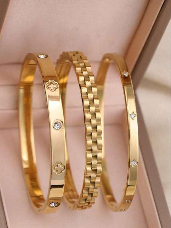 18K Gold Plated Stainless Steel Stackable Bracelet With Chain And Clover Design, Fashion Style For Women, Suitable For Casual, Party, Holiday, Birthday, Wedding, Gift Valentines,Mom,Mother,Mother's Day,Gift