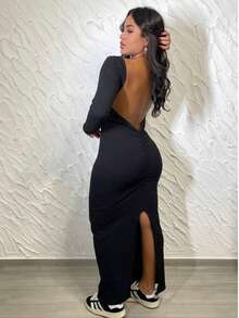 BARE BACK MIDI DRESS, LONG SLEEVE WITHOUT PADS, BUMBUM LIFT DETAIL, FOREIGN FASHION, SLIT - Black - View 1