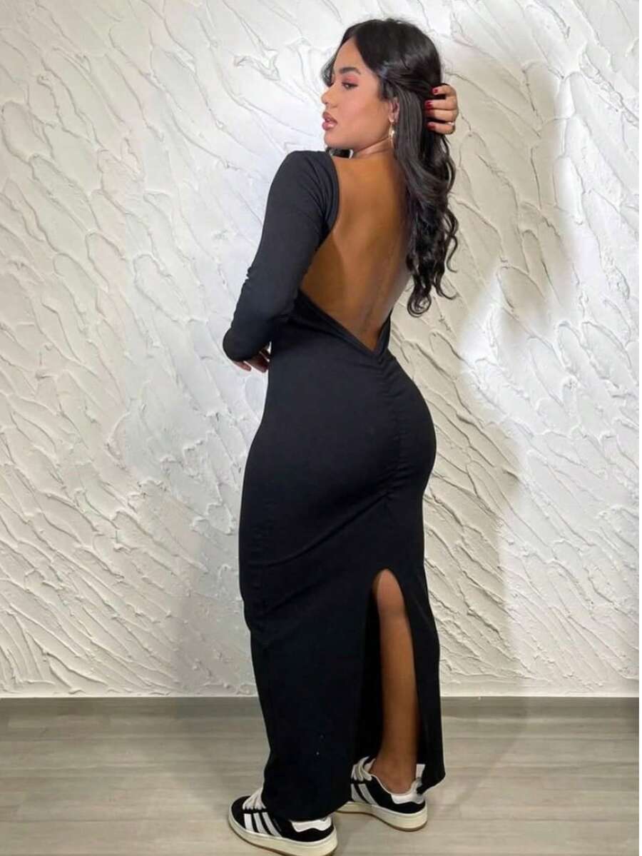 BARE BACK MIDI DRESS, LONG SLEEVE WITHOUT PADS, BUMBUM LIFT DETAIL, FOREIGN FASHION, SLIT - Black - View 1
