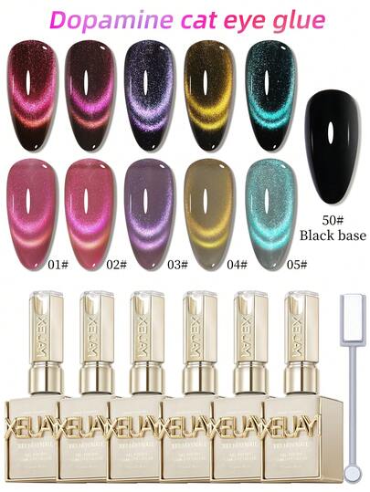  Juego de esmalte de uñas de gel de efecto gato de 15 ml XEIJAYI, efecto translúcido brillante para salón, 5 colores de efecto gato con color negro de calidad para manicura DIY - Con barra magnética incluida