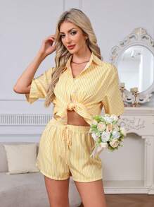 2pcs Spring/Summer Beach Vacation Casual Striped Short Sleeve Shirt With Turndown Collar And High Waist Drawstring Shorts Set, Lounge Wear & Outerwear