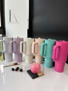 40盎司防漏不锈钢保温旅行杯，带可折叠吸管盖和手柄，冷热饮皆宜，开学必备 - 杏桃粉紅色 - 查看 3