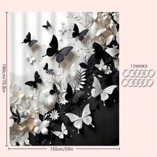 1/2/3/4 Stücke 3D Schwarz & Weiß Schmetterling Blumen Thema Badezimmer Duschvorhang Sets, 12 Haken, Badematte, U-förmiger Toilettendeckel, wasserdichter Duschvorhang, Badezimmerdekoration, moderner Fenstervorhang, ohne Bohren, Polyester, maschinenwaschbar, Herbstdekoration Badezimmer Accessoires Rückkehr zur Schule