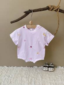 Newborn Baby Girls Cute Ditsy Floral Embroidery Short Sleeve Bodysuit Bodysuit, Summer