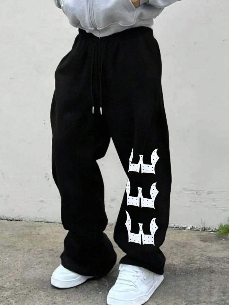 男士时尚街头十字印花宽松直筒运动裤 - 黑色 - 查看 1