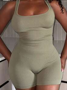 Alexandranx Women Plain Sleeveless Bodycon Unitard Romper - Olive Green - View 5