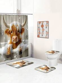1pc/4pcs Funny Highland Cow Shower Curtain Set, Adorable Yellow Calf Bathing In Tub, Bathroom Set With 12 Hooks, Non-Slip Rugs, Toilet Lid Cover, U-Shaped Mat, Machine Washable, Complete Bathroom Accessories Decor Set Back To School