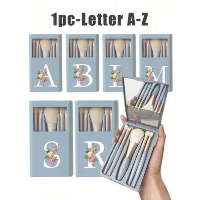 5件套便携式化妆刷套装，带镜子，白色字母A-Z和花卉图案，盒装化妆刷套装，多功能化妆刷套装，带镜盒，迷你多功能化妆笔，粉底刷，眼影刷，初学者化妆工具，混合化妆刷收纳盒，化妆刷套装，方便携带，送给女孩的礼物，理想的化妆工具套装，便携式旅行必备品