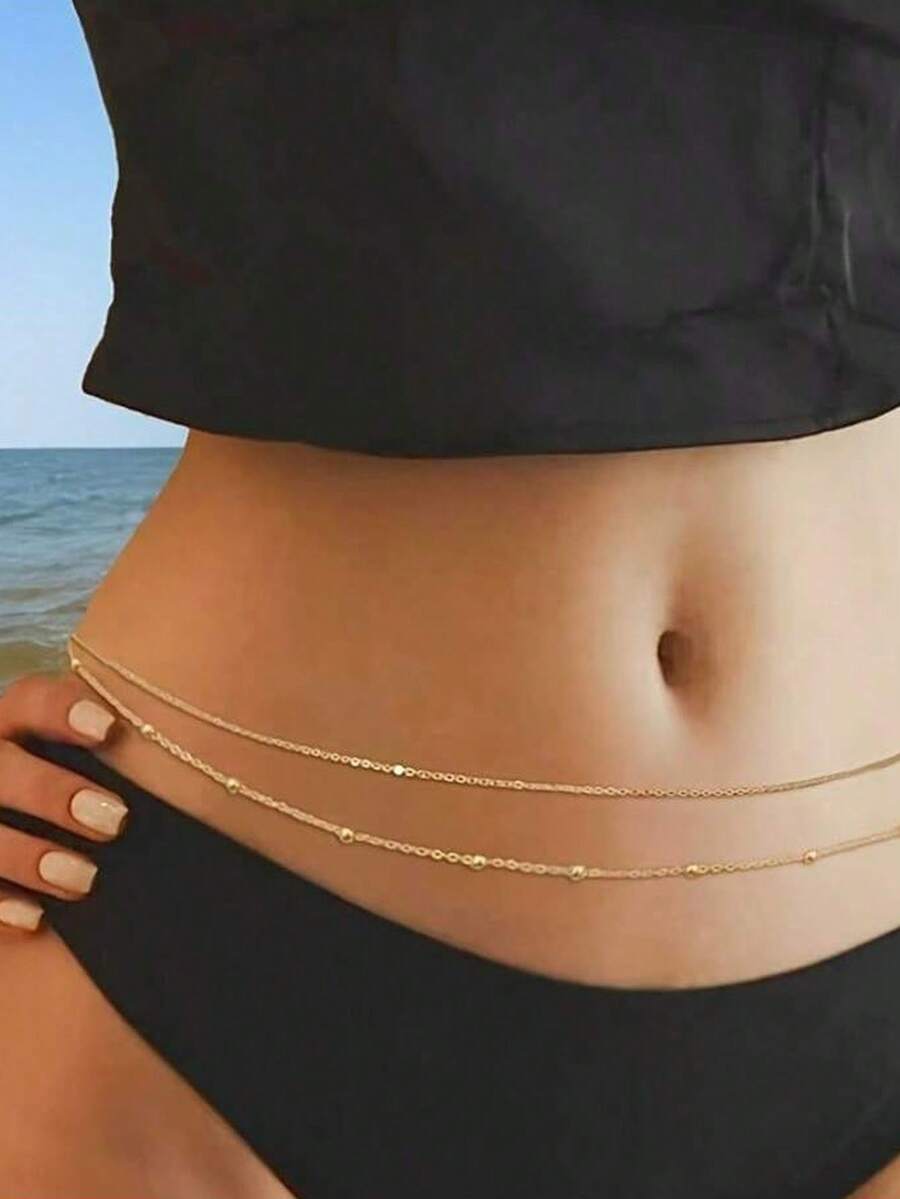 简约双层优雅珍珠球腰链 - 女士金色多层肚链，休闲性感身体饰品，合金材质，时尚躯干装饰，身体链，节日装饰