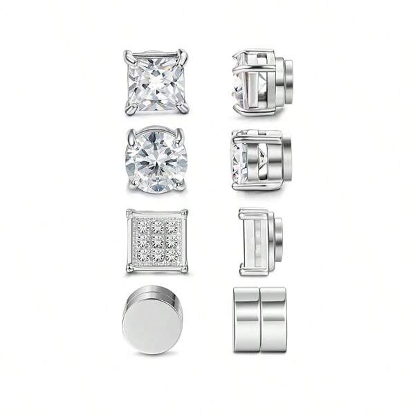Set di 4 paia di orecchini a bottone magnetici in acciaio inossidabile e 6 mm con zirconi cubici d'argento, orecchini a molletta senza foratura, regalo per la Festa del papà, Mardi Gras, compleanno, porta gioielli