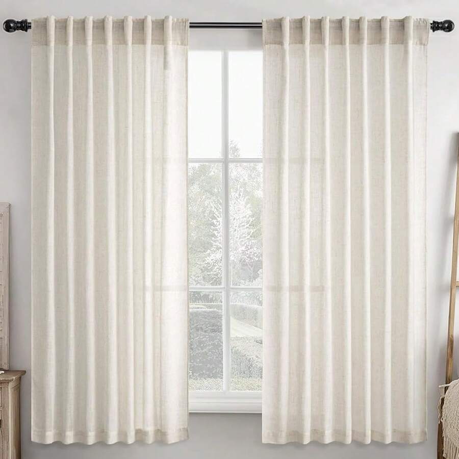 New Ivory Cream Linen Back Tab Curtains 63 Inch Length 2 Panels Set, Semi Sheer Light Filtering Privacy Drap For Modern Farmhouse Living Room Bedroom, Neutral Textured Nch Pleated Look Window Curtains - Tự nhiên 42 W x 63 L (Gói -2) - Xem 1