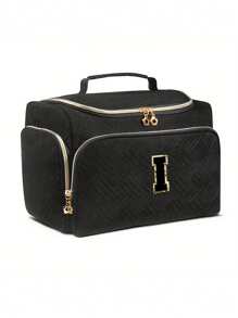 1pc Black Polyester Travel Toiletry Bag With Handle - Alphabet Pattern, Wet/Dry Separation, Machine Washable, Portable Makeup Organizer For Both Men & Women, Ideal Gift For Family & Friends, Daily Cosmetics Storage, Fashionable Makeup Case, Practical Design, Fabric, Must-Have For Frequent Travelers