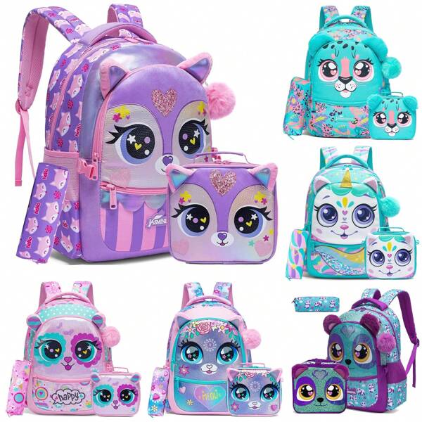 Sacs à dos pour filles 3 en 1 sacs à dos d'école avec boîte à lunch et trousse à crayons pour étudiants du primaire, sac de voyage pour enfants, ensemble de sacs à dos mignons