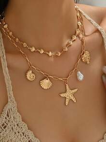 2pcs/Set Bohemian Style Versatile Shell Handmade Chain Necklace With Alloy Starfish & Shell Pendant, Suitable For Daily Wear, Vacation, Date, Music Festival, Layered Or Standalone Wear, Customizable Length - Multicolor - View 2