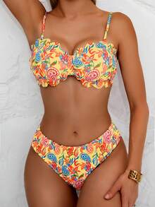 1 Set Women 2 Pieces Bikini Swimsuit, Paisley Print Floral Ruffled Bandeau Style Detachable Strap Sexy Swimwear - Yellow - View 3
