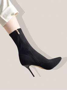 vivianly Classic Black Pointed Toe Thick High Heel Ankle Boots For Women, Fashionable, Versatile, Elegant, Ladder Design, Non-Slip Sole, Suitable For Halloween, Wedding, Holiday Season, Autumn/Winter - 黑色 - 查看 6